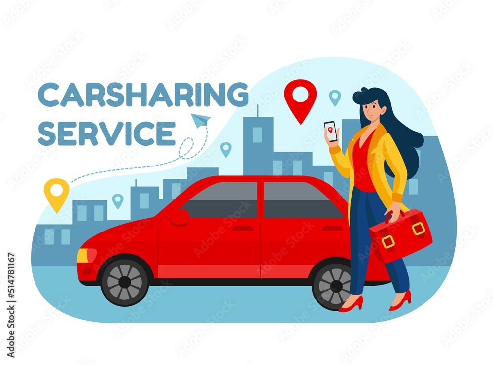 Car rent. Carsharing service. Smartphone application. Auto parking. Driver share automobile app website page. Map navigation pin. Woman with mobile street taxi. Vector rental transport