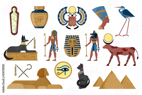 Ancient Egypt. Egyptian architecture and gods. Cleopatra sculpture. Pharaoh and Sphinx statues. Hieroglyphs and sacred animals. Desert pyramid. Mummy in sarcophagus. Vector symbols set