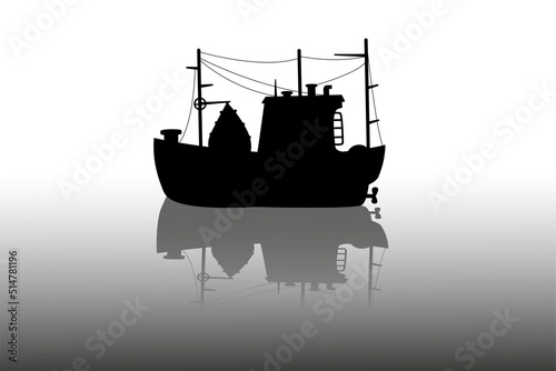 Fishing boat silhouette. Marine vessel. Black sea ship with crane and tackles. Commercial barge. Industrial nautical speedboat. Trawler shadow. Fishery towboat. Vector outline design