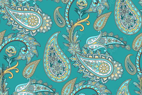 Design of fabric with flower decor and elegant paisley in Indian style , folklore ornament