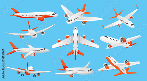 Plane flight. Commercial aircraft. Flying and landing airplane. Aviation engine. Holiday travel. Modern art view. Airport destination. Aerial transportation. Vector airline icons set