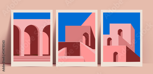 Abstract minimalistic architecture poster collection with abstract buildings with arch doorways and windows for decoration or postcard or wall art prints. Vector illustration