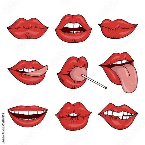 Sexy mouth lips. Woman smile with tongue, lick and with lollipop, hot female red gloss lipstick, beautiful love symbol. Cosmetic with shine teeth, glamour fashion makeup vector cartoon set