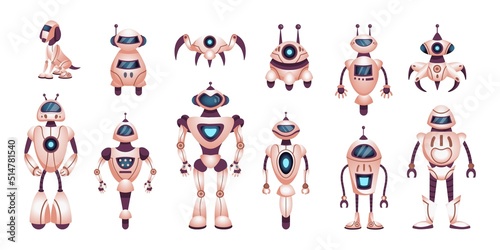 Robot toys. Funny android different characters, cute ai technology assistant, futuristic childish game. Humanoid, drone and other models. Modern friendly bot. Cartoon vector set