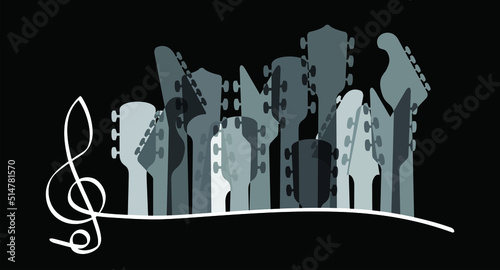 Cartoon electric, guitars headstock Rock music guitar necks or head silhouette Vector icon or logo. Musical, acoustic entertainment. Guitar head symbol. Bass Guitar headstock or peghead silhouette. 