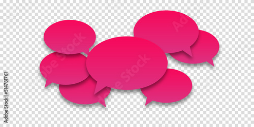 Pink or lilac speech bubbles with shadow on transparent background. The concept of communication of people in society. Vector illustration. Communication banner. Message, conversation, correspondence.