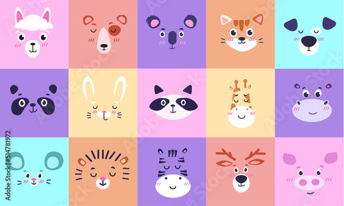 Cute animal faces. Hand drawn rabbit and lion  art cat and monkey  simple square print  funny characters  doodle style graphic. Childish t-shirt or poster  nursery decor. Cartoon vector set