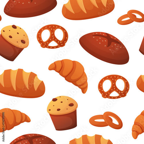 Bakery pattern. Hand drawn sketch wheat bread, cartoon baking food for breakfast, kitchen pastry. Isolated on white seamless background. Decor textile, wrapping paper, packaging, vector print