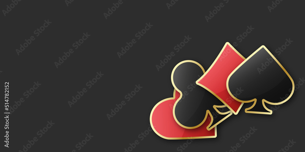 Hearts diamonds clubs spades sign chips. Glossy playing card suit symbols with gold border. Vector illustration card sign with shadows on black background. Hearts diamonds clubs spades sign chips. Glossy playing card suit symbols with gold border. Vector illustration card sign with shadows on black background.