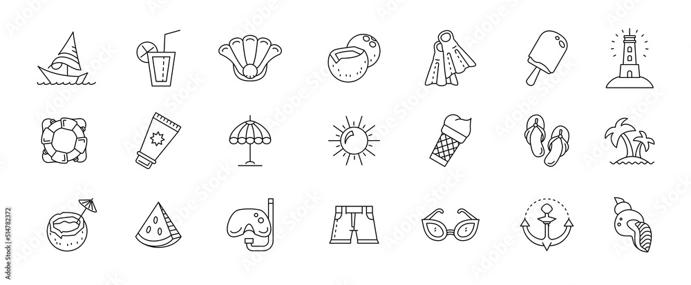 Summer icons. Holiday line beach leisure pictograms. Palm and coconut cocktail. Sea recreation and sun slippers. Ice cream. Tropical island. Relaxation symbols. Vector illustration set Summer icons. Holiday line beach leisure pictograms. Palm and coconut cocktail. Sea recreation and sun slippers. Ice cream. Tropical island. Relaxation symbols. Vector illustration set
