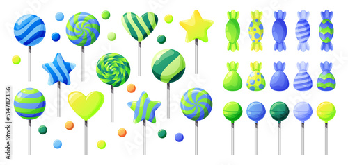 Candy and lollipop. Sweet sugar marshmallow, wrapped twirl gums, dessert food and confectionery. Blue green colors bonbons. Party and presents. Cartoon vector illustration on white background