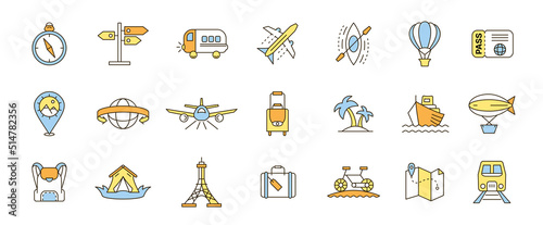 Vacation and tourism icon. Holiday travel line pictograms. Hotel building or transport. Beach vacation. Passport and airplane. Map pins. Summer restaurants and mountains. Outline vector set