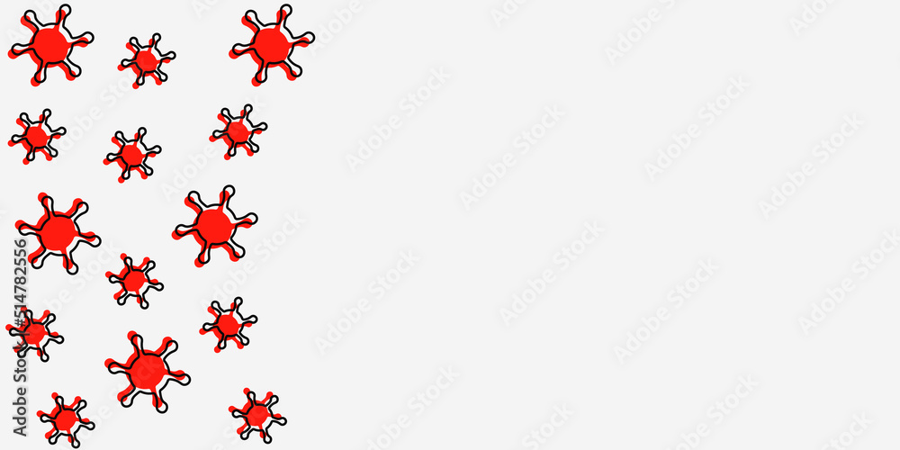 The spread of viral diseases. Vector illustration of a red virus with a black stroke in flat style on a white isolated background. Place for your text. Copy space.