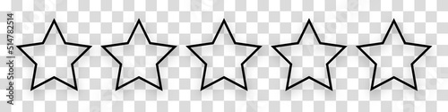 Five black outline stars with a shadow on a transparent background. The concept of ranking applications, games or websites. The concept of feedback and support evaluation. vector illustration.