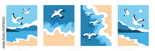 Beach coast. Midnight nature with sea gull, ocean landscape top view, flying bird. Vertical posters collection, travel and vacation background. Seashore backdrop, vector illustration
