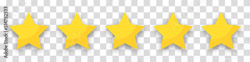Five golden stars with a shadow on a transparent background. Ranking concept for apps, games or website. The concept of feedback and evaluation of support. Vector illustration.