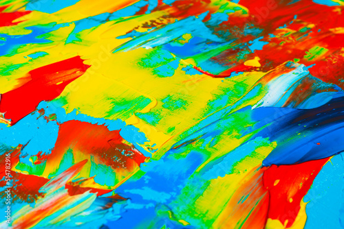 Closeup view of artist s palette with mixed bright paints as background