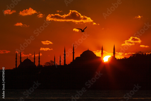 Blue Mosque and Hagia Sophia Silhouettes  Uskudar Istanbul  Turkey