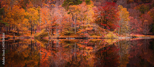 Reflection of colourful trees in lake.
