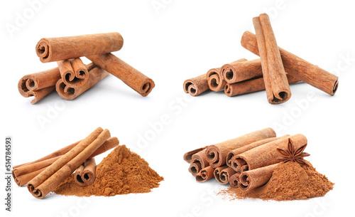 Set with aromatic cinnamon sticks and powder on white background
