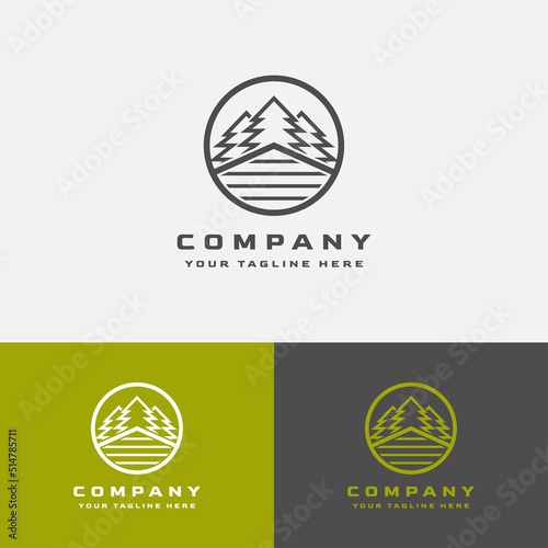 tree house logo. simple wooden cottage roof design with pine trees