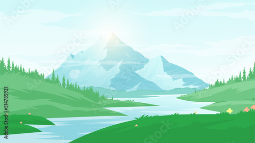 landscape with mountains and lake.
