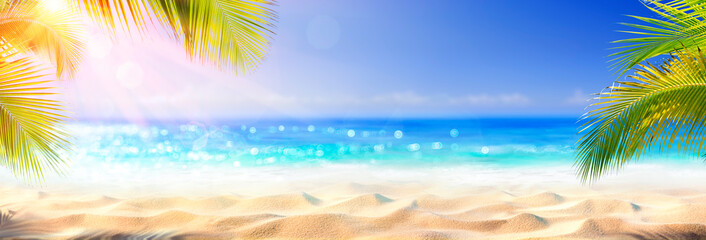 Summer And Sea With  Blurred Leaves Palm And Defocused Bokeh Light On Sea - Golden Sand In Abstract Landscape