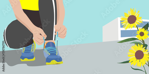 A runner who tightens the laces on his shoes. The cityscape where sunflowers bloom. Vector illustration background banner. copy space, summer, 