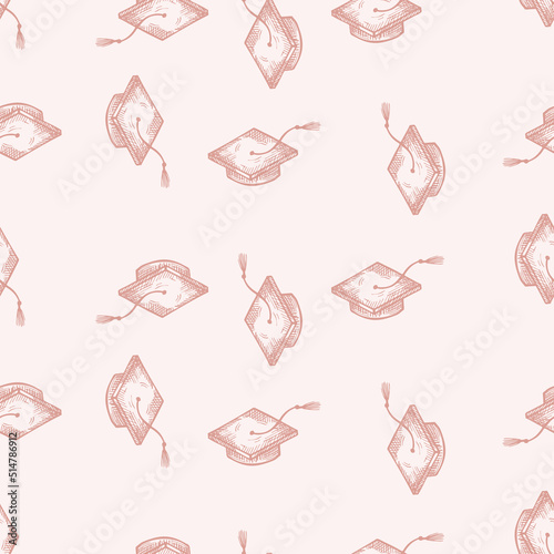 Graduate hats engraved seamless pattern. Vintage element education in hand drawn style.