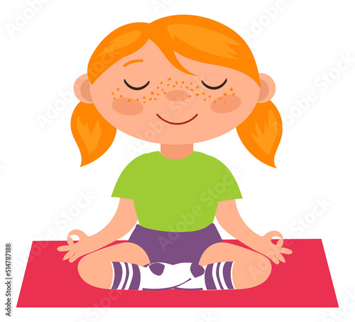 Happy girl in yoga pose. Calm cartoon child