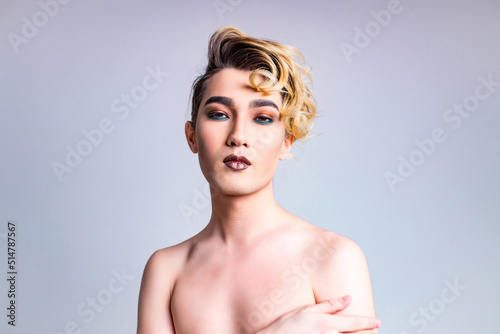 body positive i love myself man with gorgeous make up and hairstyle in studio white background