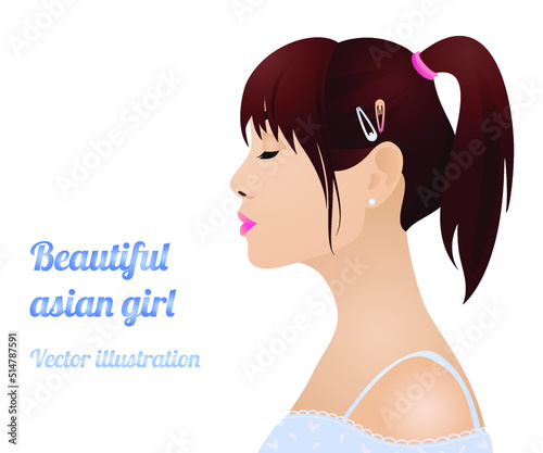 Beautiful romantic Asian girl woman in profile in a blue dress with a ponytail on her head. Isolated vector illustration on white background