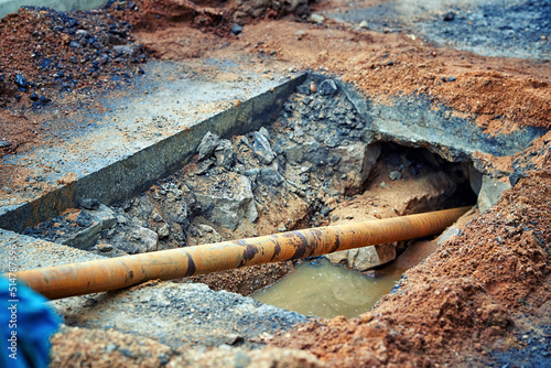 HDD drill rig, drilling under asphalt. Underground pipe laying. Installing underground pipe, water and gas pipelineHorizontal directional drilling technology. Drilling machine, laying communications
