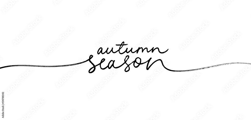 Autumn season mono line lettering. Hand written elegant typography. Autumn greeting card with swashes. Fall season handwritten linear style. Handmade vector calligraphy isolated on white background