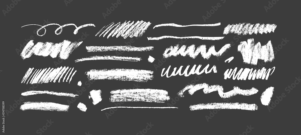 Chalk pencil lines and squiggles, wide strokes, hatching. Scribble white strokes vector set. Hand drawn charcoal scribbles. White pencil sketches, drawings. Scrawl elements isolated on dark background - obrazy, fototapety, plakaty 