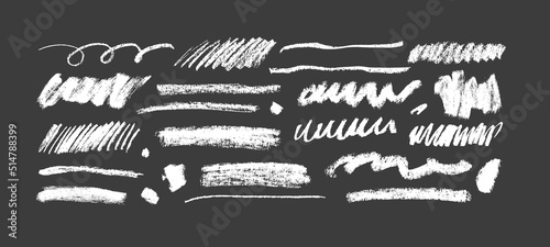 Chalk pencil lines and squiggles, wide strokes, hatching. Scribble white strokes vector set. Hand drawn charcoal scribbles. White pencil sketches, drawings. Scrawl elements isolated on dark background photo