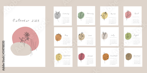 Hand drawn calendar 2023. Vertical botanical template for 12 months. The week begins with Sunday. Abstract vector illustration with herbs and flowers.