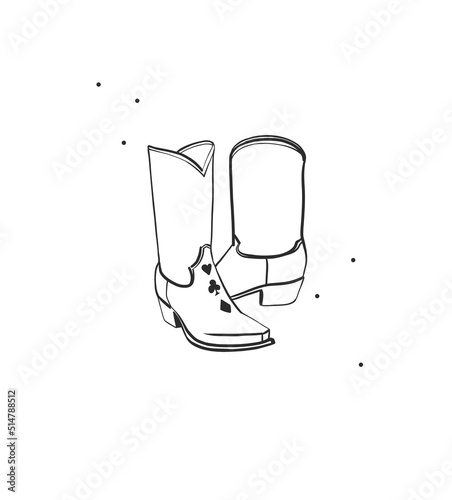 Hand drawn abstract vector graphic clipart illustration boho cowgirl rodeo boots.Western female design concept.Bohemian wild west contemporary art.Cowboy girl modern drawing.American cowgirl logo.