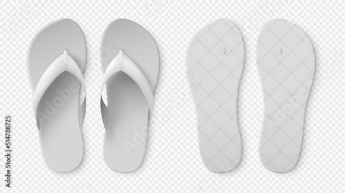 White flip flops. Realistic bathroom slippers mockup. 3D sandals top and bottom view. Beach or pool rubber shoes. Fashion summer accessories. Footwear pair. Vector casual clothing set