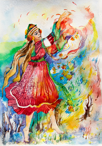 Watercolor drawing of a mythical creature, a beautiful girl with her hands raised. A woman is a symbol of fertility of spring and summer. Beautiful national clothes.