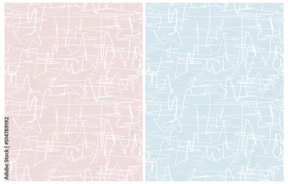 Simple Seamless Geometric Vector Pattern. White Freehand Lines Isolated on a Light Blue and Pastel Pink Background. Simple Abstract Vector Prints Ideal for Fabric, Textile. Abstract Doodle Tile.