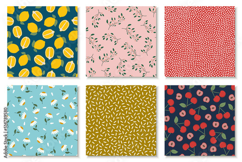 Collection of colorful seamless nature patterns - hand drawn design. Repeatable summer backgrounds with fruits and flowers. Textile endless prints. Vector illustration