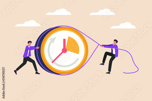 Businessman and his friend push and pull needle to maximum. Optimization business concept. Colored flat graphic vector illustration isolated.