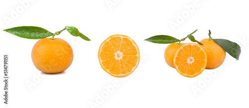 Mandarin with slices and green leaf isolated on white background top view, set