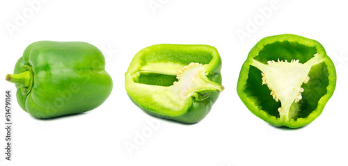 Set of fresh whole and sliced sweet green pepper isolated on white background.