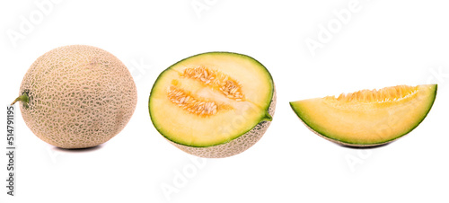 Set of yellow melon with greenish juicy pulp and slices. Honey melon with cut out piece  isolated on white background.