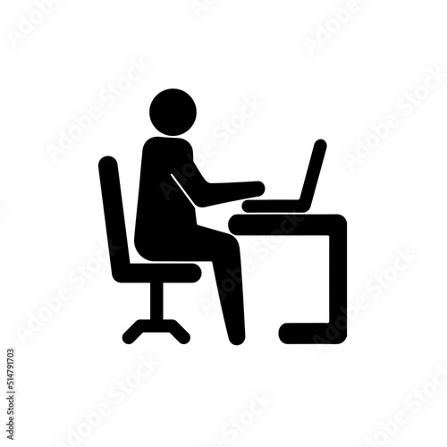 Office worker vector icon isolated on white background. Working place at the table with a laptop. Flat work computer icon