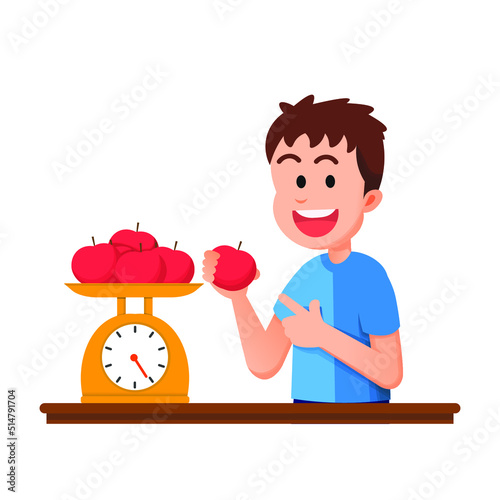 a cute boy is weighing some apples
