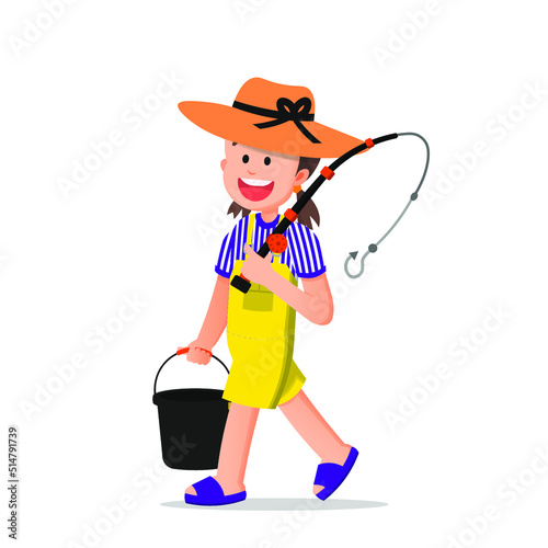 little girl in a hat carrying a fishing rod while carrying an empty bucket