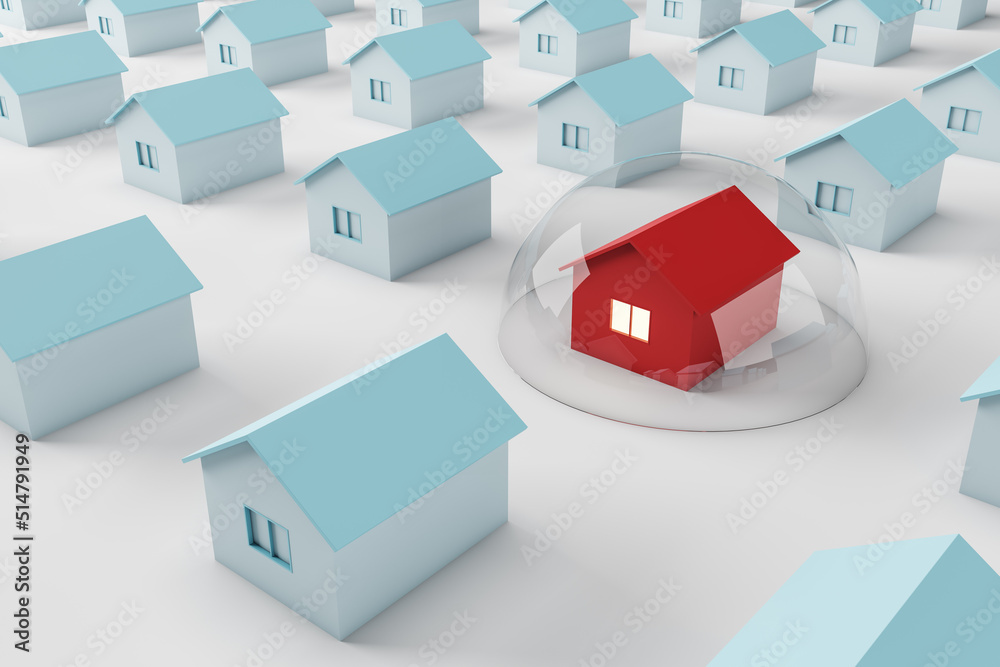 Private property and real estate insurance concept with red house protected by a transparent capsule among blue houses on white background. 3D rendering Private property and real estate insurance concept with red house protected by a transparent capsule among blue houses on white background. 3D rendering